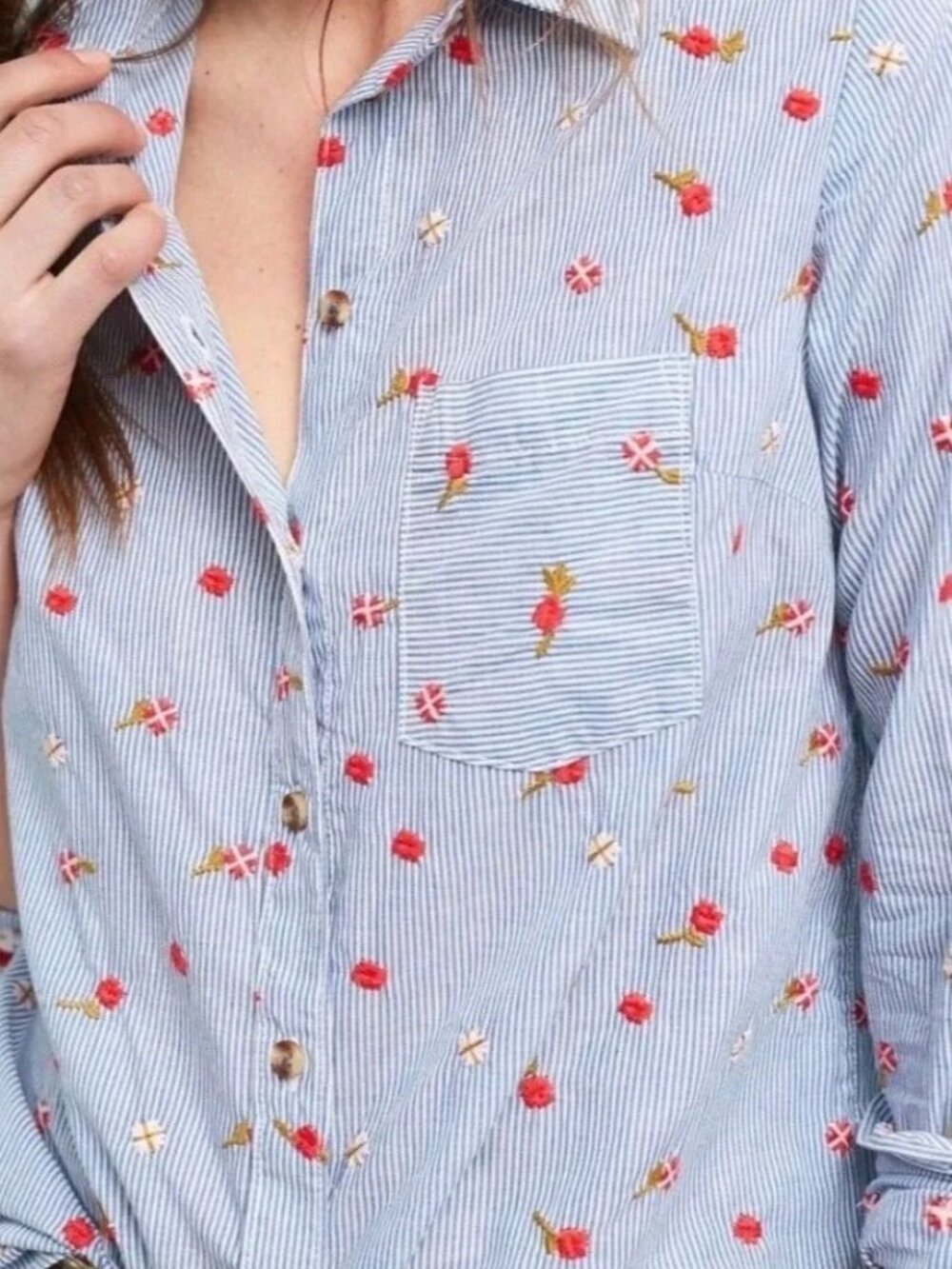 ANTHROPOLOGIE | Maeve blue white striped button-up shirt w/ embroidered flowers - Picture 2 of 11